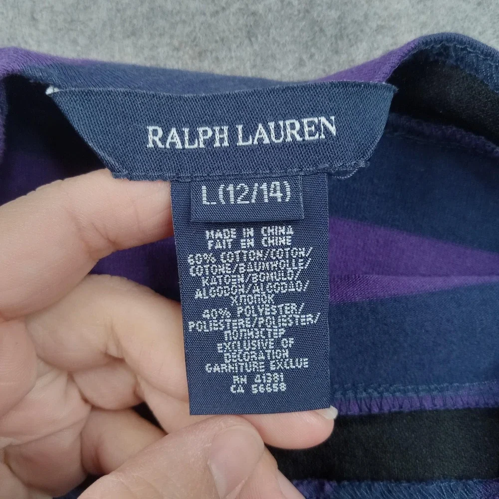 Ralph Lauren T-Shirt Dress Girls‎ Large 12-14 Purple Striped Long Sleeve Logo